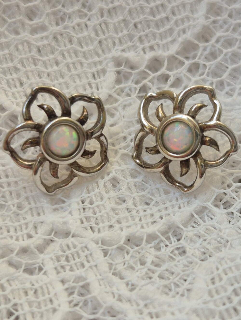 Sterling Silver Opal Flower Stud Earrings - Opalescent White, Marked PAJ 925